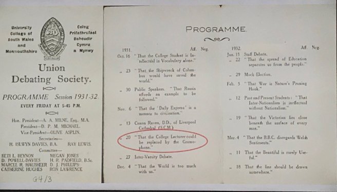 Scan of University College of South Wales Union Debating Society Programme 1931-1932.