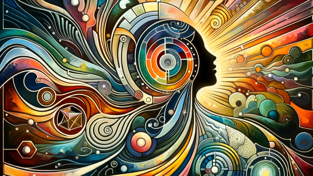 An abstract representation focusing on the theme of women's leadership in the digital education sphere. The artwork abstractly captures the essence of empowerment, innovation, and the significant impact of female leaders in transforming online learning environments, through a harmonious blend of swirling patterns, geometric shapes, and a vivid spectrum of colors.