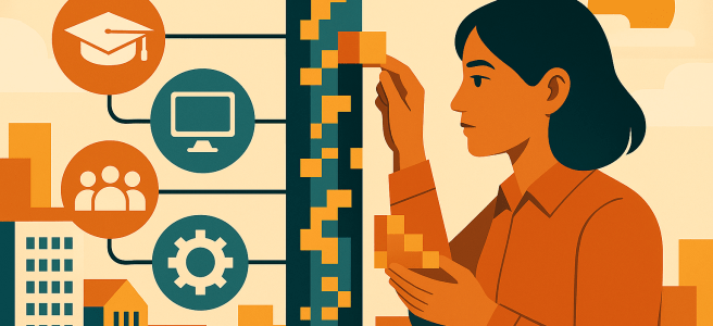 A woman is building a tower of digital components.