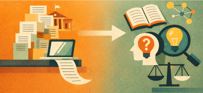 Mid-century style illustration showing a transition from ‘Content Generation’ to ‘Judgement & Meaning’. On the left, stacks of papers, a laptop, and a university building represent content production. On the right, an open book, a human profile with a question mark, a magnifying glass, and balance scales represent critical thinking, interpretation, and judgement. A soft arrow connects the two, suggesting a shift from producing content to making meaning.