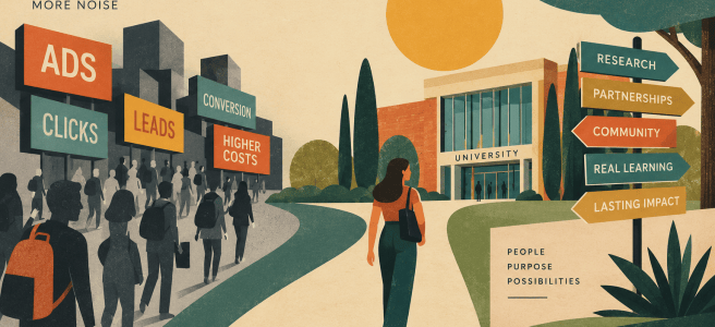Mid-century-style illustration contrasting two approaches to online student recruitment: a crowded, costly world of ads, clicks, leads and conversion on one side, and a university-led approach built around research, partnerships, community, authentic learning and lasting impact on the other.